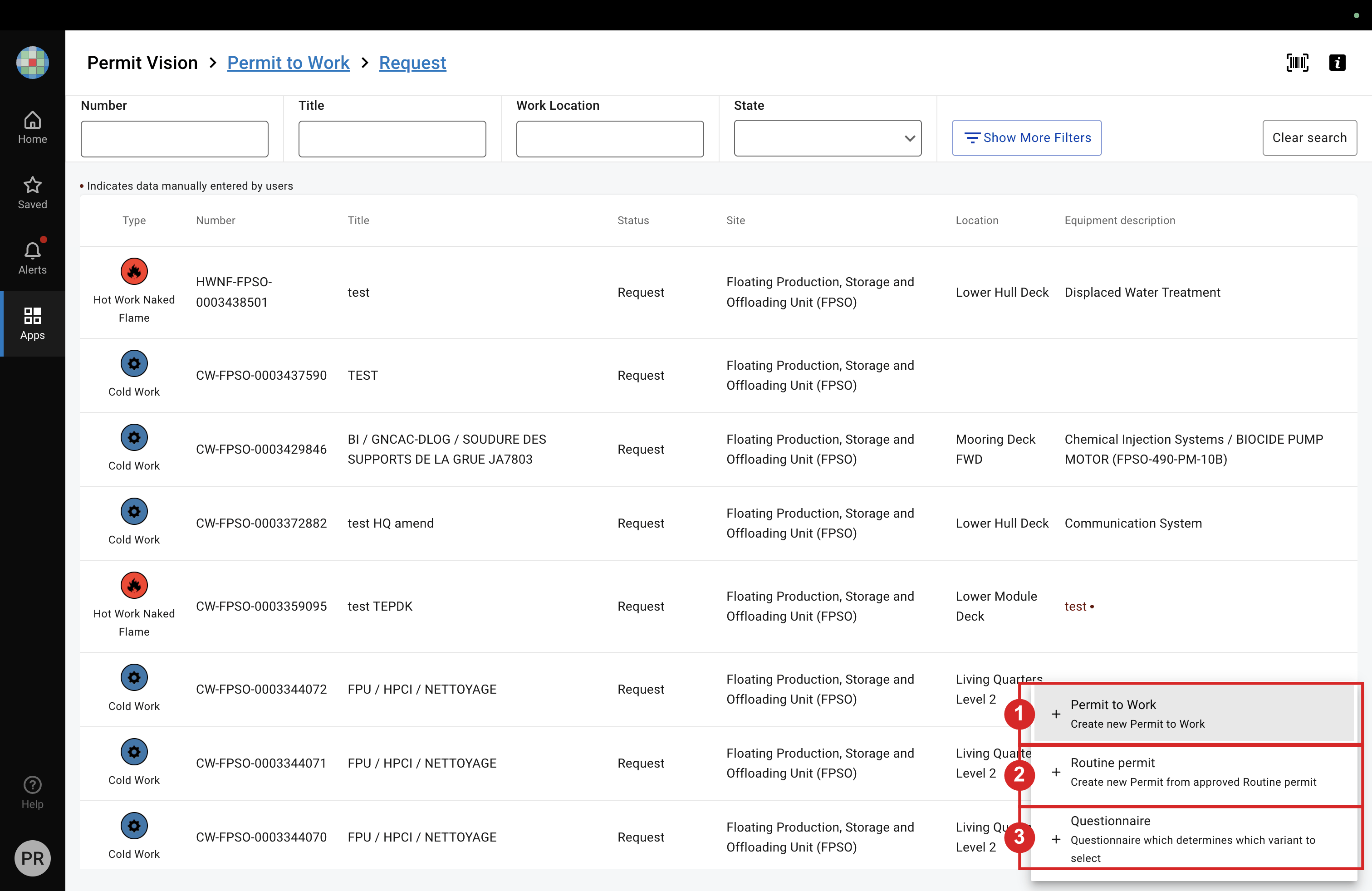 Open the create menu and choose Permit to Work to start a new permit.