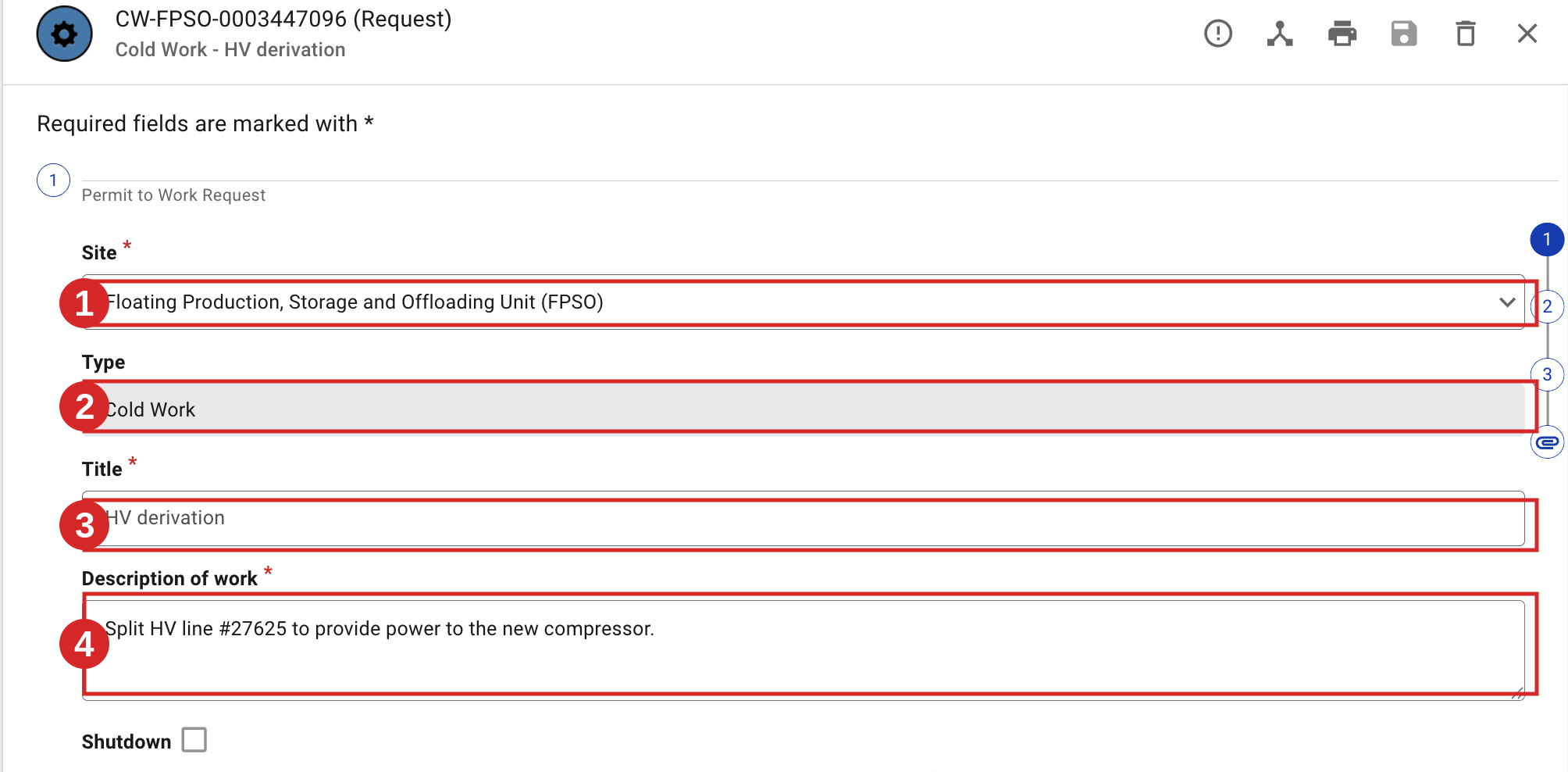 Enter the site, permit type, title and description of work.