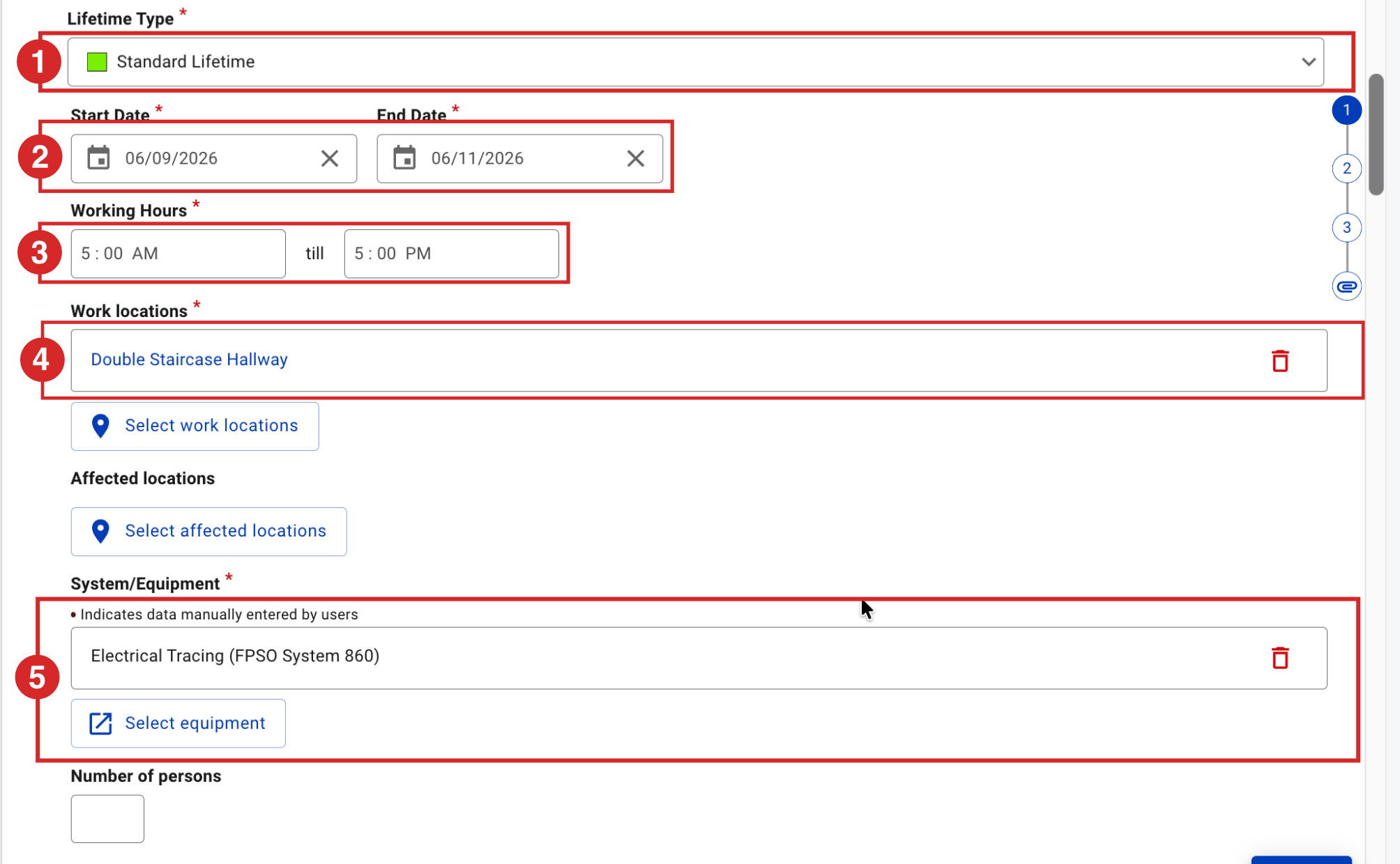 Set the lifetime, dates, working hours, work locations and equipment.