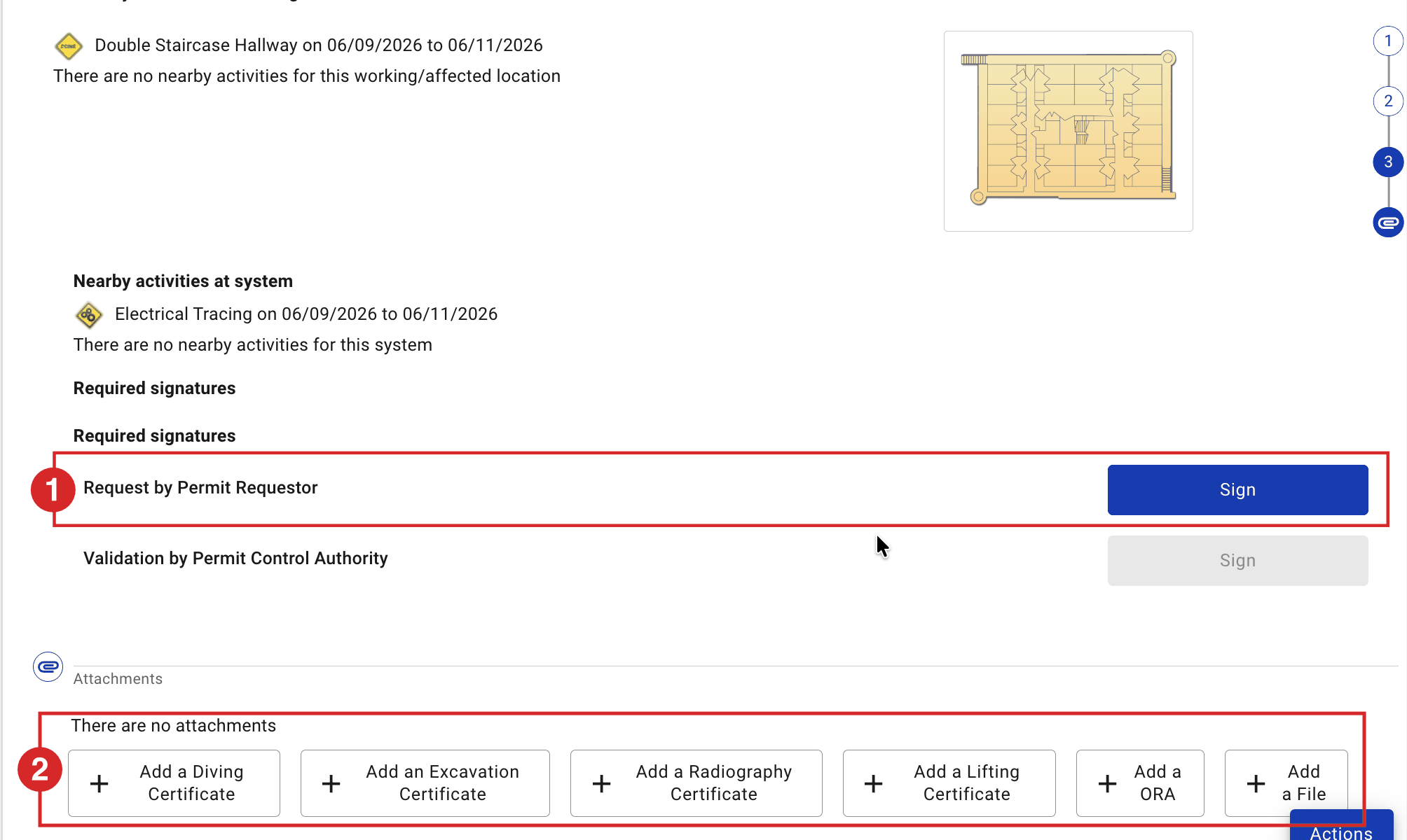 Required signatures and certificate attachment buttons.