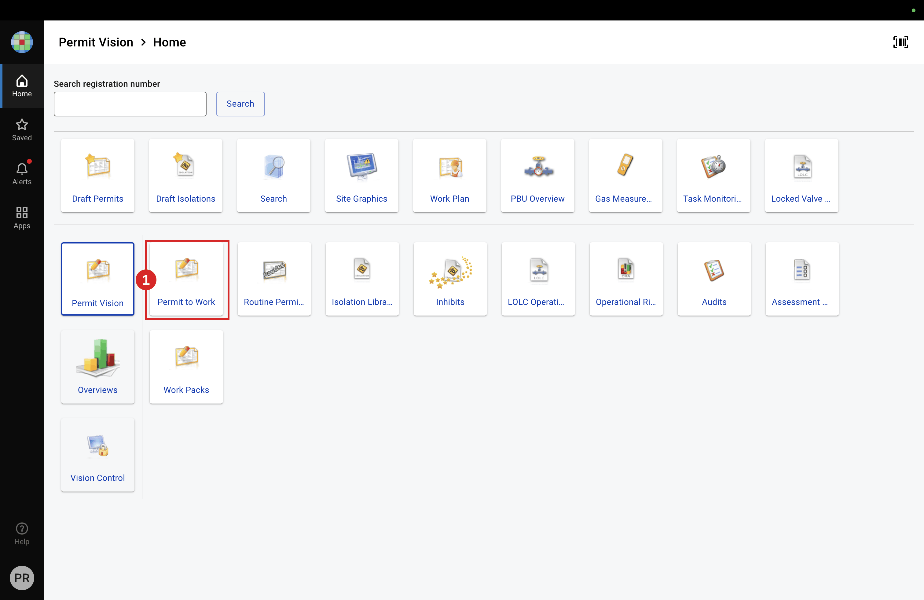 Method 1 — open the Apps menu and select Permit to Work.
