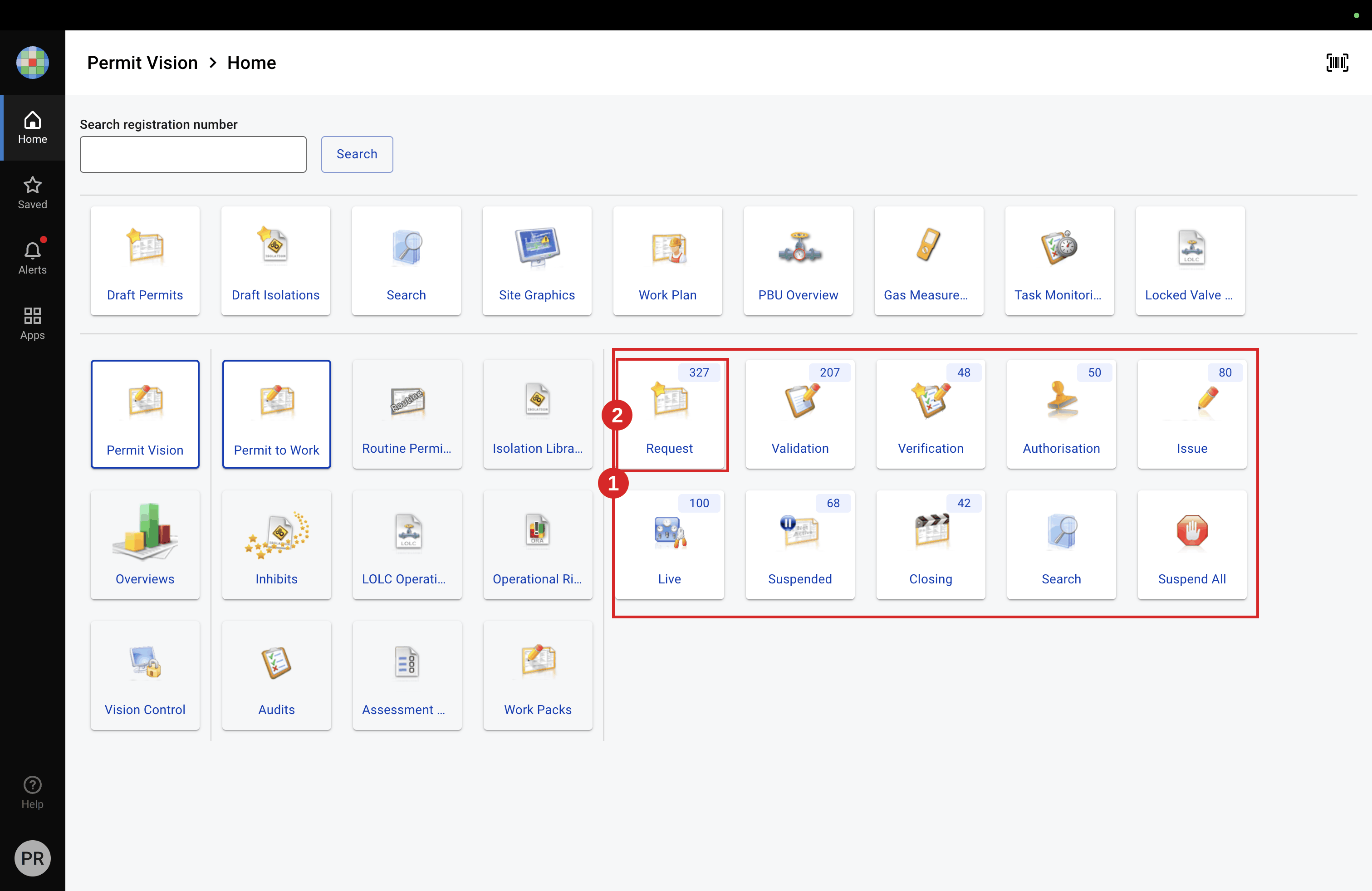 Each tile is a folder (worklist); the number is the count of permits inside.