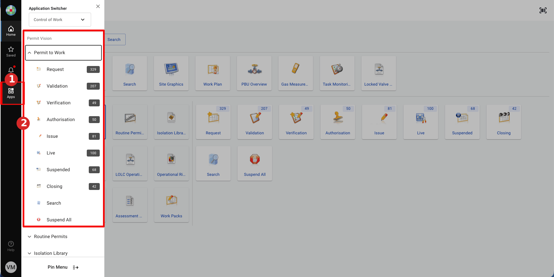 Method 2 — the left-hand menu, kept expanded, jumps straight to any worklist.